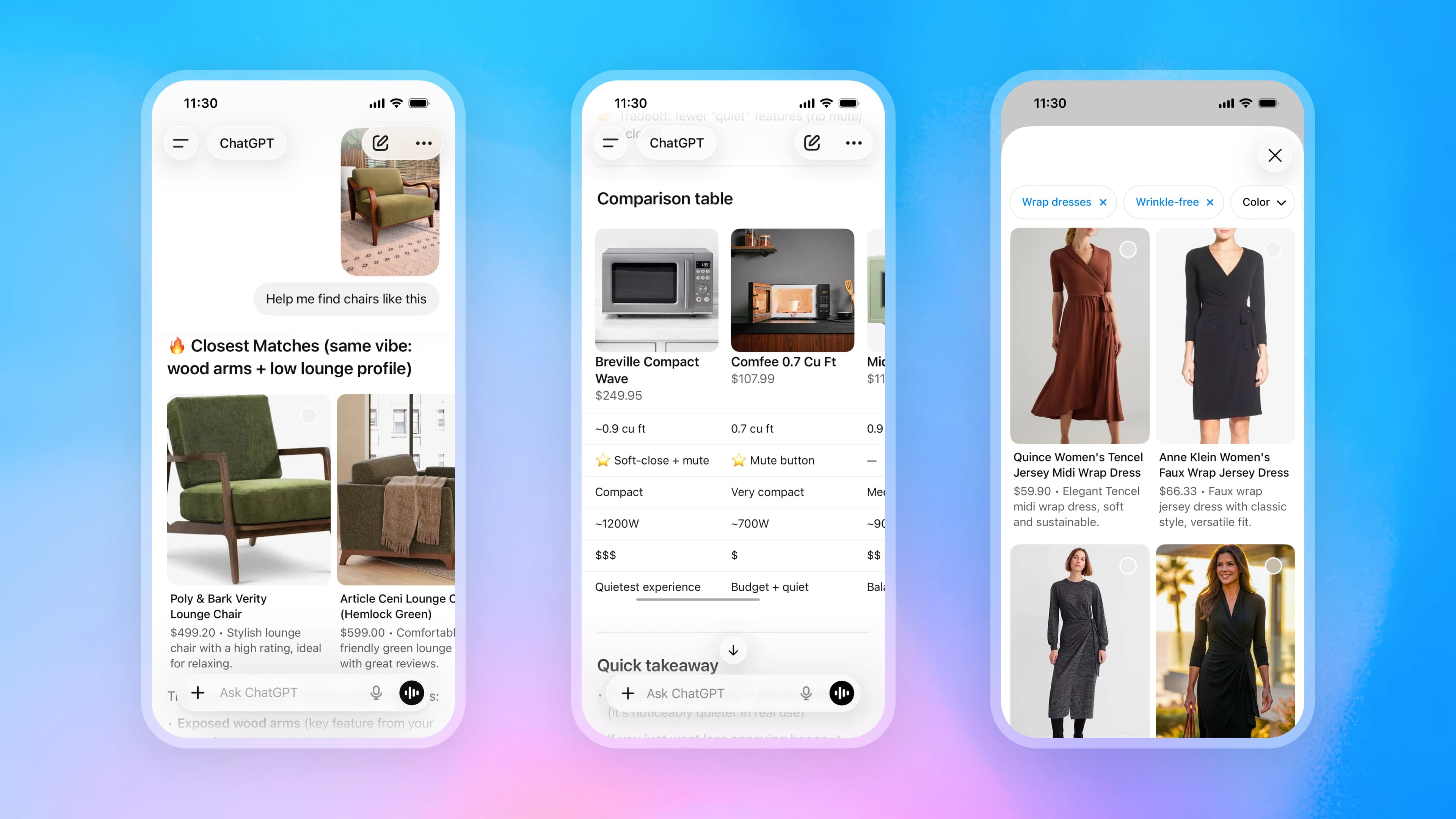 ChatGPT product discovery — three phones showing chair search results, side-by-side comparison, and a dress carousel inside ChatGPT