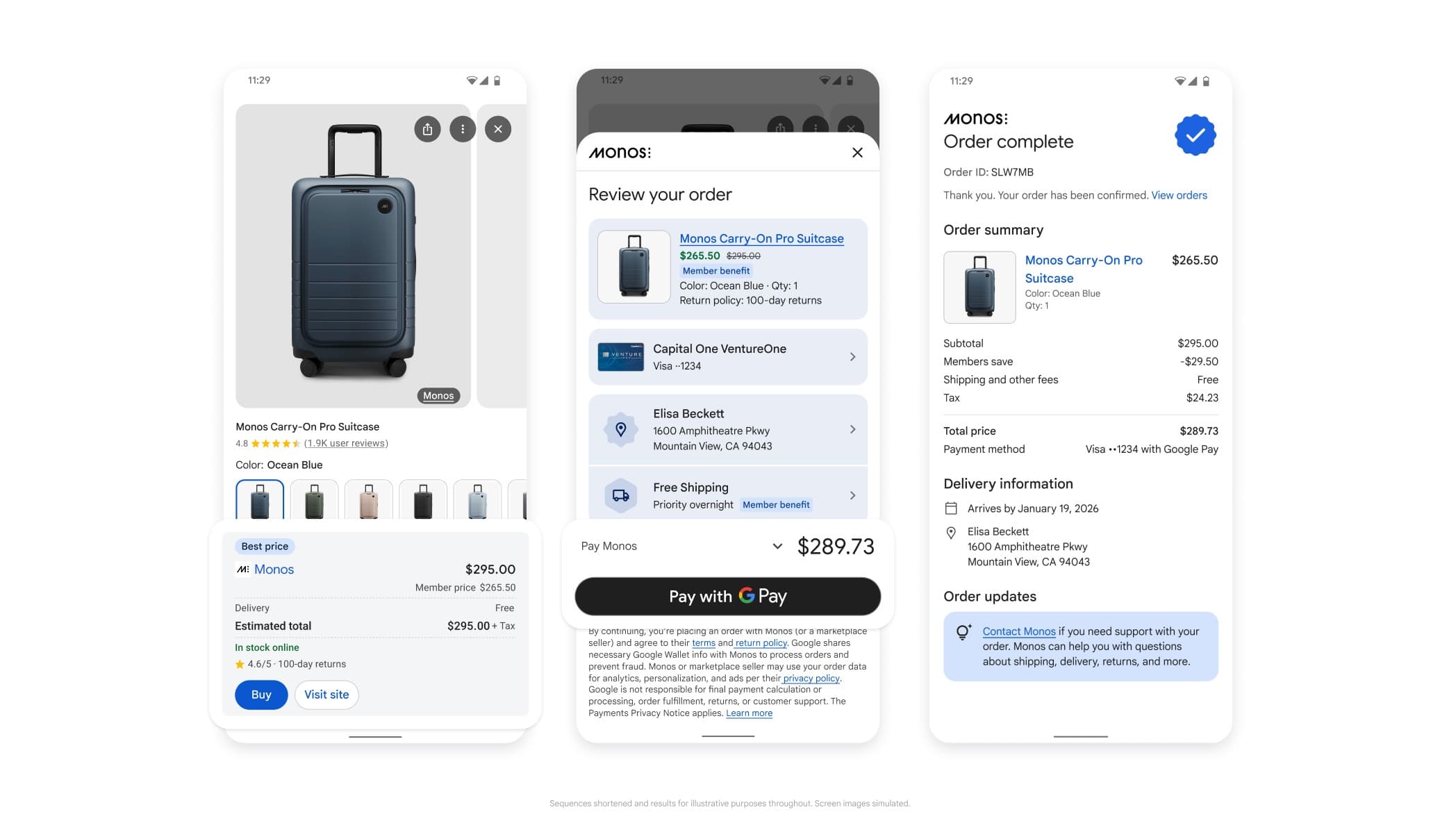 Agentic Checkout on Google — product page, in-line order review, and order-complete confirmation paid with Google Pay